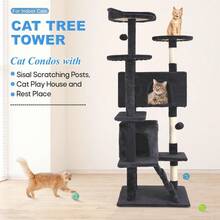 Tall 54" Dark Gray Cat Tree Tower. Multi-Level Indoor Activity Center With Cozy Condos & Plush Perches. Features Sisal Scratching Posts To Protect Furniture & Engaging Hanging Toys For Endless Feline Fun. - Dark Grey - View 2