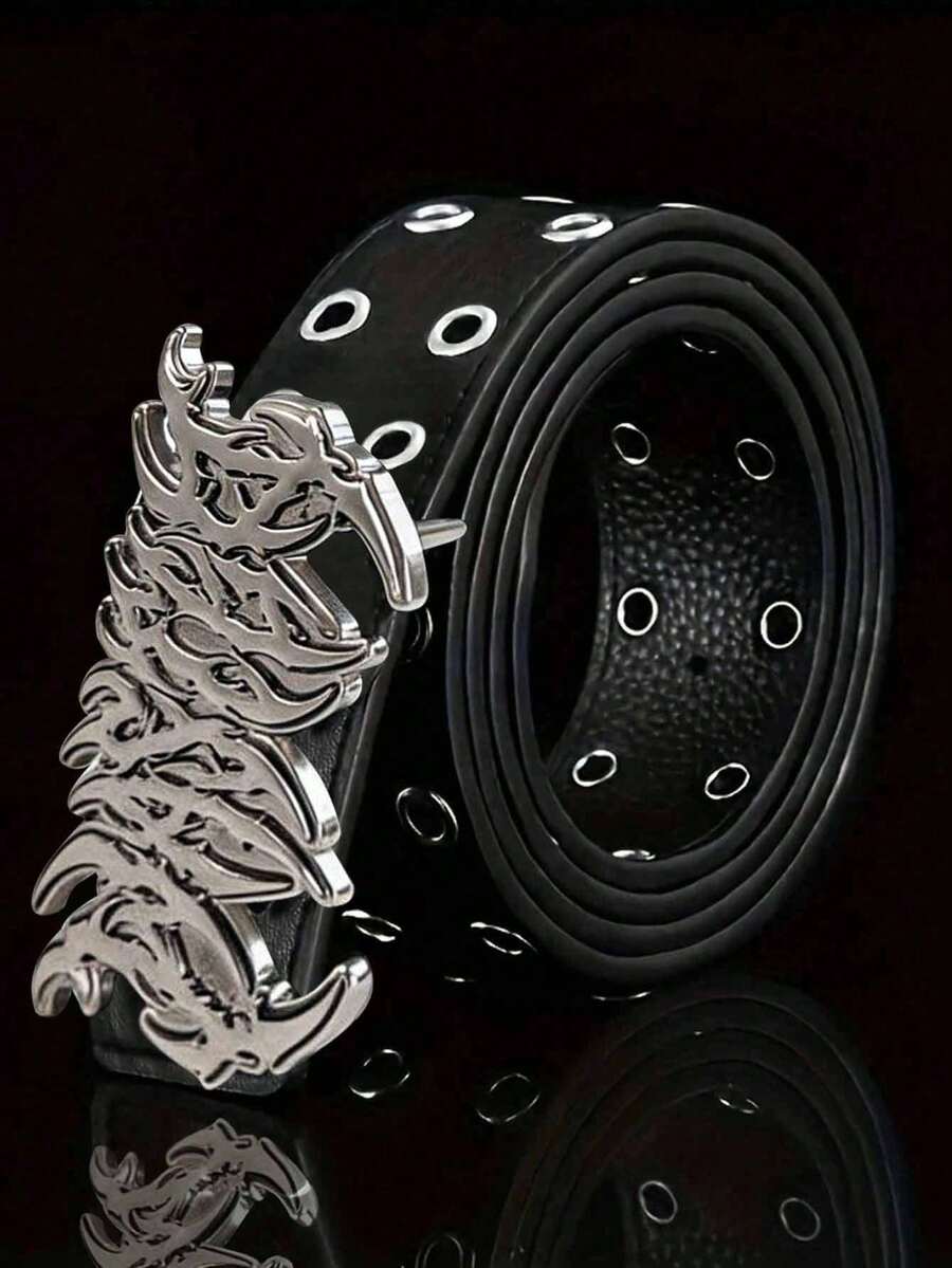 新款时尚Y2K镂空PU皮朋克风男士腰带 - 送礼或个人风格配饰，男女皆宜 - 百搭牛仔裤、连衣裙及休闲服饰 - 黑色 - 查看 1