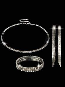 4-Piece Evening Jewelry Set With A Sparkling Rhinestone Clutch Box Bag, Luxurious New Ladies' Shoulder Evening Bag, Paired With A Rhinestone Pendant Necklace, Earrings, And Bracelet, Perfect With Women's Sparkling Dresses And Banquet Gowns, Suitable For Parties, Dinners, Gatherings, Balls, And Weddings. - Silver - View 11