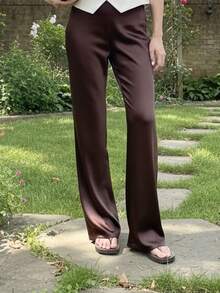 Pantalones para Mujer Marrón Sólidos, Cintura Elástica y Pierna Ancha Larga, Elegantes para Uso Casual y Fin de Semana en Verano - Marrón oscuro - Ver 2