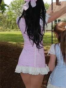 Women's Gingham Babydoll Patchwork Mini Dress White Bow Lace Trim Bow Tie Puff Sleeve Dress Comfortable And Stylish A Line Mini Skirt Cosplay Costume - 粉色 - 查看 1