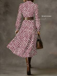 (No Belt Included) Elegant Vintage Floral Print Waist Cinched Shirt Dress, French Style Long Skirt Design, Suitable For Work, Dating, Commuting - Burgundy - View 3