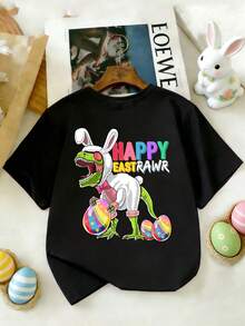 Young Girl Easter Dinosaur T-Shirt, Happy Eastern Prairie Tyrannosaurus Rex Dinosaur Easter Bunny Egg Print Casual Round Neck Short Sleeve Children Clothing - Black - View 1