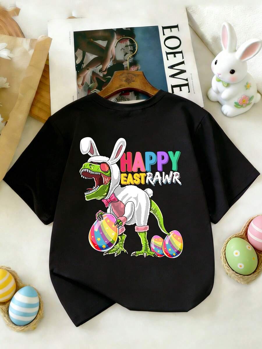 Young Girl Easter Dinosaur T-Shirt, Happy Eastern Prairie Tyrannosaurus Rex Dinosaur Easter Bunny Egg Print Casual Round Neck Short Sleeve Children Clothing - Black - View 1