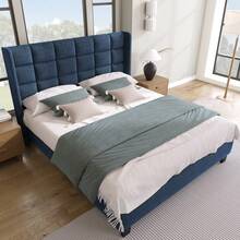 Upholstered Bed With Its Padded Headboard, Double Bed With Slatted Base, 140x200cm, In Blue Linen, Medium Firm (Without Mattress) - Blue + Linen + 140cm*200cm - View 1