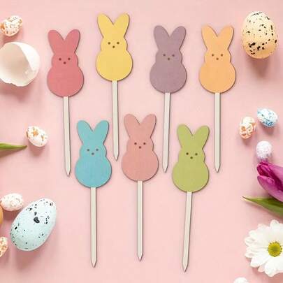 14pcs Double-Sided Wooden Easter Decorations, Cute Rabbits, Can Be Placed In Vases With Colorful Wooden Rabbits As Easter Decor, Also Suitable For Rustic Style Decoration