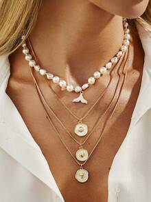 4件套海洋假日几何链条项链，仿珍珠串珠，贝壳，扇贝，鱼尾吊坠，优雅奢华，适合婚礼、派对、海滩、休闲、街头风格，女士及情侣款，假日、生日礼物 - 金色 - 查看 9