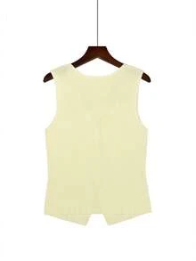 2026新款欧美时尚简约金色纽扣装饰无袖针织背心 - 淡黃色 - 查看 8