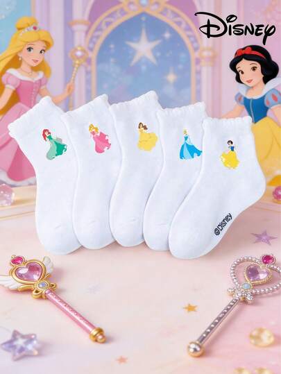 Disney 5pcs/Pack Princess Cute Socks, Elsa & Mermaid Pattern, Mid-Calf Socks, Korean Cartoon Style, White, Kids Socks, Boys Socks, Girls Socks, Suitable For Carnival, Valentine's Day, St. Patrick's Day, Oktoberfest, Easter, Ramadan And Other Occasions, Overall Cute Style