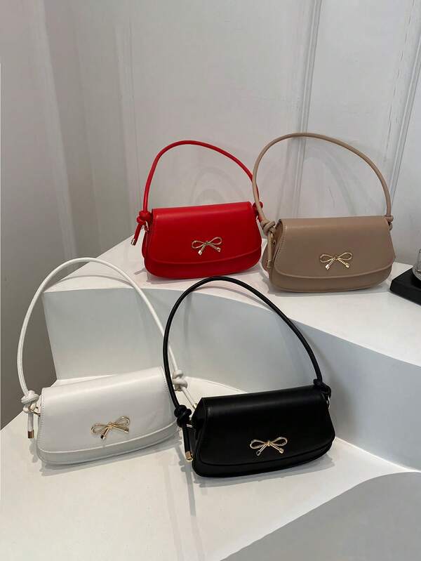 1 Pc Stylish PU Leather Bow Decor Handbag,Adjustable Shoulder Strap Lightweight Shoulder Bag,Flip Up Underarm Bag, Perfect For Young Adults/Girls/Students/Teens, Ideal For Daily Use, Shopping And Outings ﻿