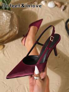 On feet& in love Women's Elegant Pointed Toe Slip-On Pumps With Metal Buckle Decor, Versatile High Heels Suitable For Dresses And Weddings - Burgundy - View 1