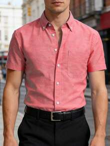 Men's Short Sleeve Casual Shirt In Solid Color Oxford Spun, Suitable For Summer,Wrinkle Resistant Office Work Shirt For Men - Đỏ - Xem 2