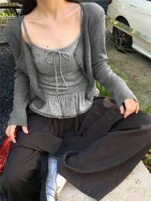 2件套女士波点蝴蝶结吊带背心和开衫套装 - 灰色 - 查看 2