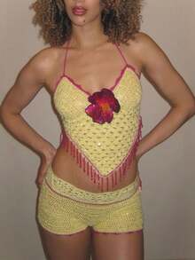 A Must-Have For Beach Vacation Color-Contrast Crocheted Neck-Hanging Set With Fringe, Glittery Flower Top, Pure Desire Style, Spicy Girl's Outfit - 黃色 - 查看 4