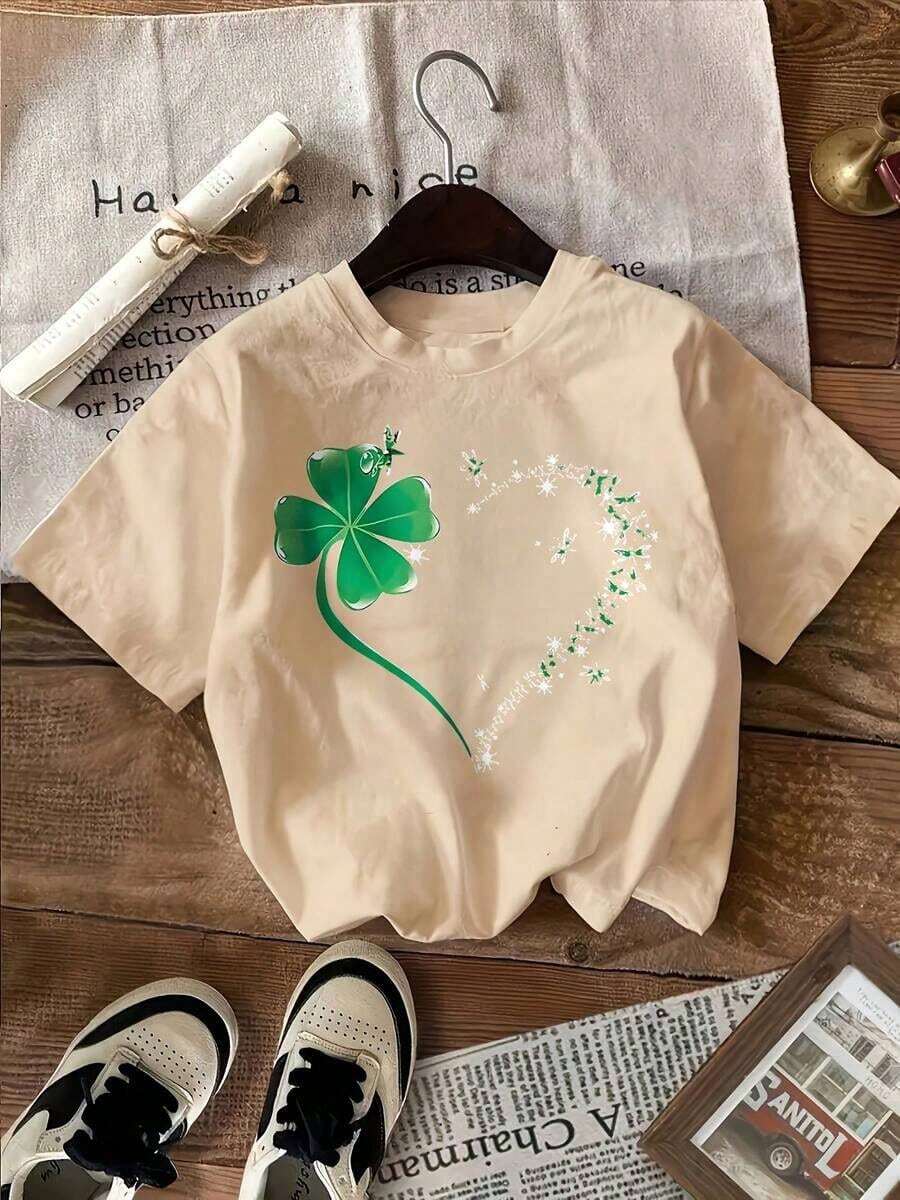 Women's High-Quality T-Shirt Summer Clothing, 2026 Washed Cotton, Fun Print T-Shirt With Floral And Insect Motifs, High-Quality Batik Cotton Vintage F - 杏色 - 查看 1