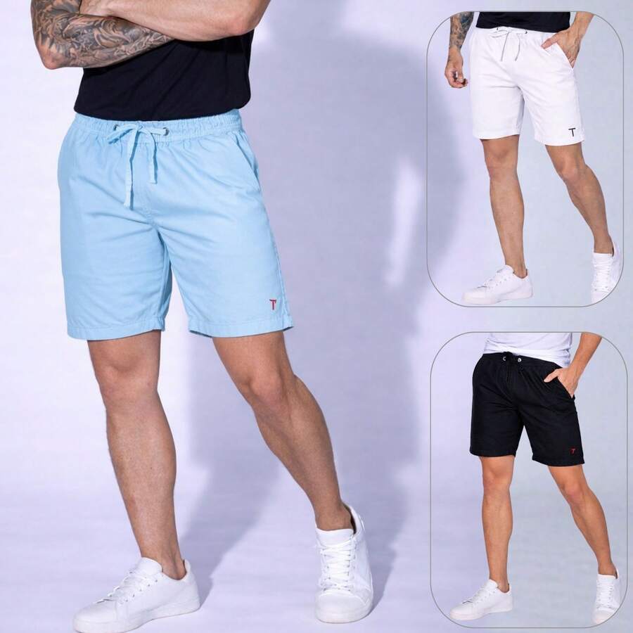Kit Of 3 Men's Denim Twill Shorts, Premium Men's Bermuda Shorts - 白色/淺藍色/黑色 - 查看 1