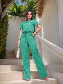 Suede Set: Wide-Leg Pants And Basic T-Shirt Blouse, Sizes M To EXG Plus Size - Green Pool - View 1