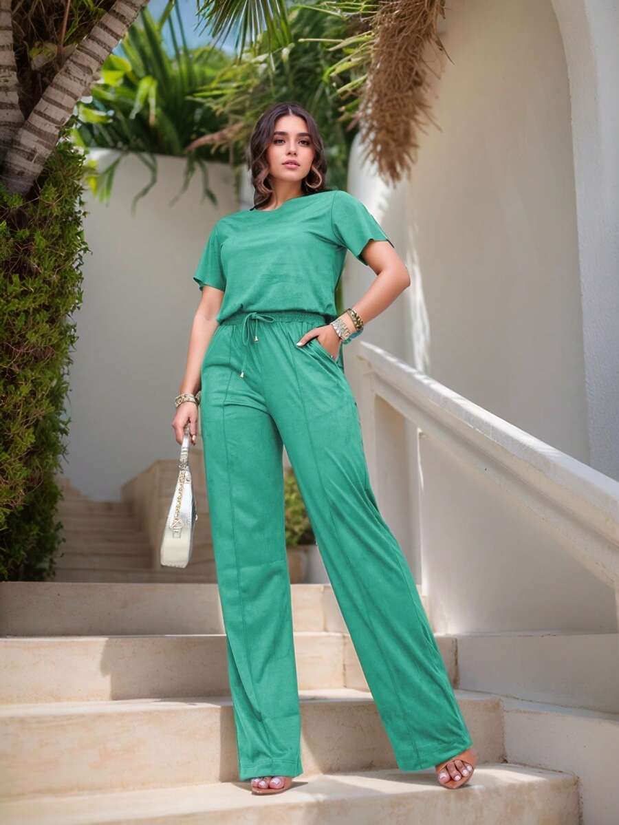 Suede Set: Wide-Leg Pants And Basic T-Shirt Blouse, Sizes M To EXG Plus Size - Green Pool - View 1
