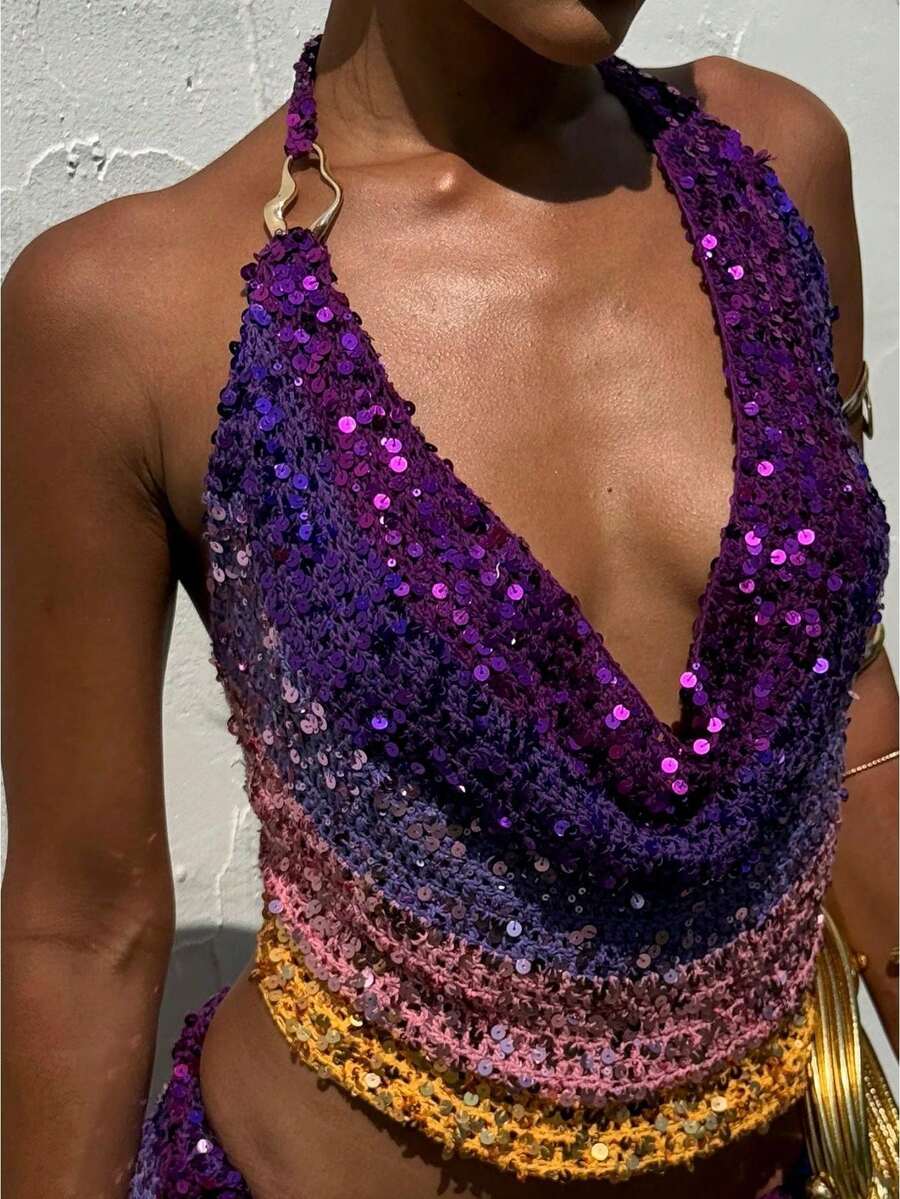 Rainbow Sequin Glitter Top For Women's Disco Queen Party Outfit Costume Cowl Neck Backless Halter Vest For Theme Party Carnival - 彩色 - 查看 1
