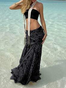 Vintage Cashew Flower Print Mesh Sheer Low Waist Draped Asymmetrical Hem Skirt Black Summer - Black - View 8