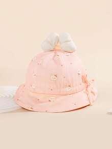 1顶婴儿柔软棉质兔子印花蝴蝶结可调节宽檐遮阳帽，休闲户外防紫外线 - 1PC - 查看 4