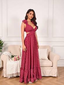 Vestido de gasa con estampado floral de lunares, con espalda descubierta, cruzado, fruncido, cola de pez y cremallera oculta, para fiestas de primavera/verano - Burdeos - Ver 9