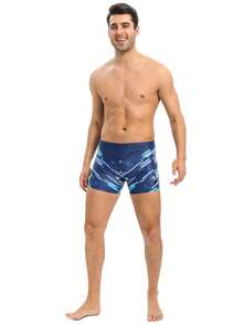 新款时尚印花男士泳裤，速干沙滩泳装，运动游泳短裤，避免尴尬 - 藍色 - 查看 4