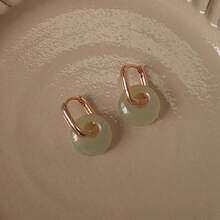 1 Pair Of Simulated Hetian Jade Circular Earrings - Simple And Unique Design - Peace Charm And Transportation Ear Pendants - Gold - View 3