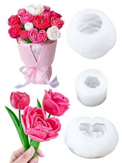 3Pcs/Set Flower Silicone Mold, DIY Heart Rose Candle Making Molds, 3D Bloom Rose Peony Fondant For Soap Candle Making Kit, Resin Epoxy Casting Polymer Clay Craft Gift, Valentine's Day, Mother's Day Decor, Home Decor