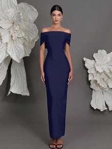 露肩绷带针织紧身连衣裙，奢华欧式风格，修身铅笔裙，适合家庭聚会、派对、宴会、婚礼等春季派对场合。 - 寶藍色 - 查看 1