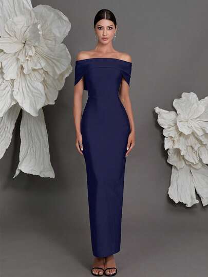 露肩绷带针织紧身连衣裙，奢华欧式风格，修身铅笔裙，适合家庭聚会、派对、宴会、婚礼等春季派对场合。