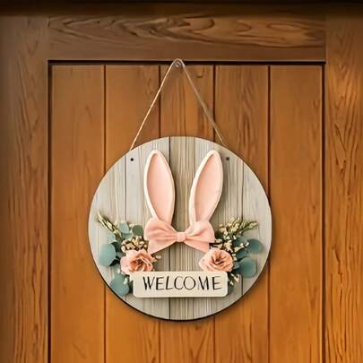 1pc Rustic Farmhouse Easter Bunny Ears Wooden Welcome Sign, Vintage Style Wall Decor, Multipurpose Holiday Door Plaque, English Text Home Wall Art