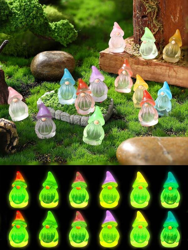 12pcs Mini Glowing Gnome & Fairy Resin Figurines, Suitable For Micro Landscape, Outdoor Garden, Lawn, Indoor Planter Decor, Fairy Garden, Yard, Outdoor Cottage