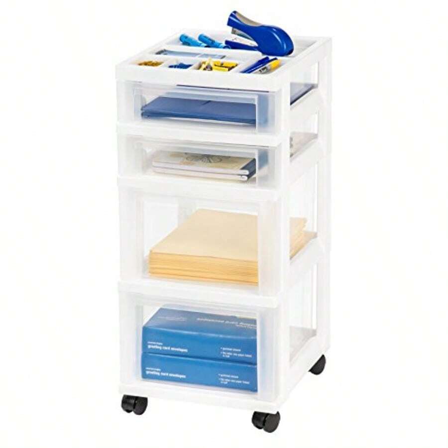 carrito organizador Carro de Plástico de Almacenamiento Rodante para Suministros de Aula para Manualidades Suministros de Arte Organizador r con Cajones para Piezas Pequeñas 4 Cajones Blanco - BlancoTransparente - Ver 1