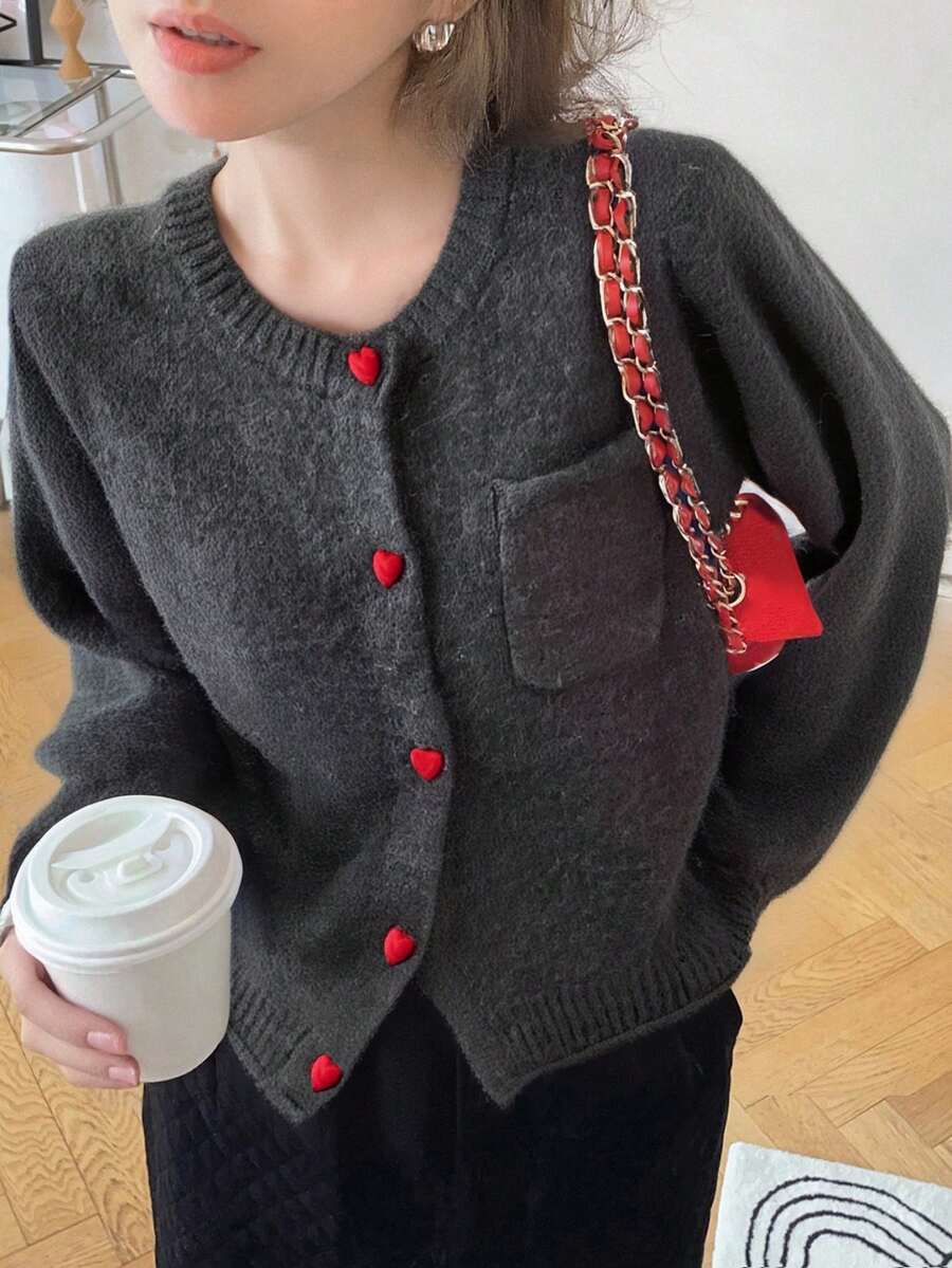 Women's Casual Minimalist Korean Style Contrast Color Button Design Round Neck Sweater Cardigan, Autumn/Winter - Dark Grey - View 1