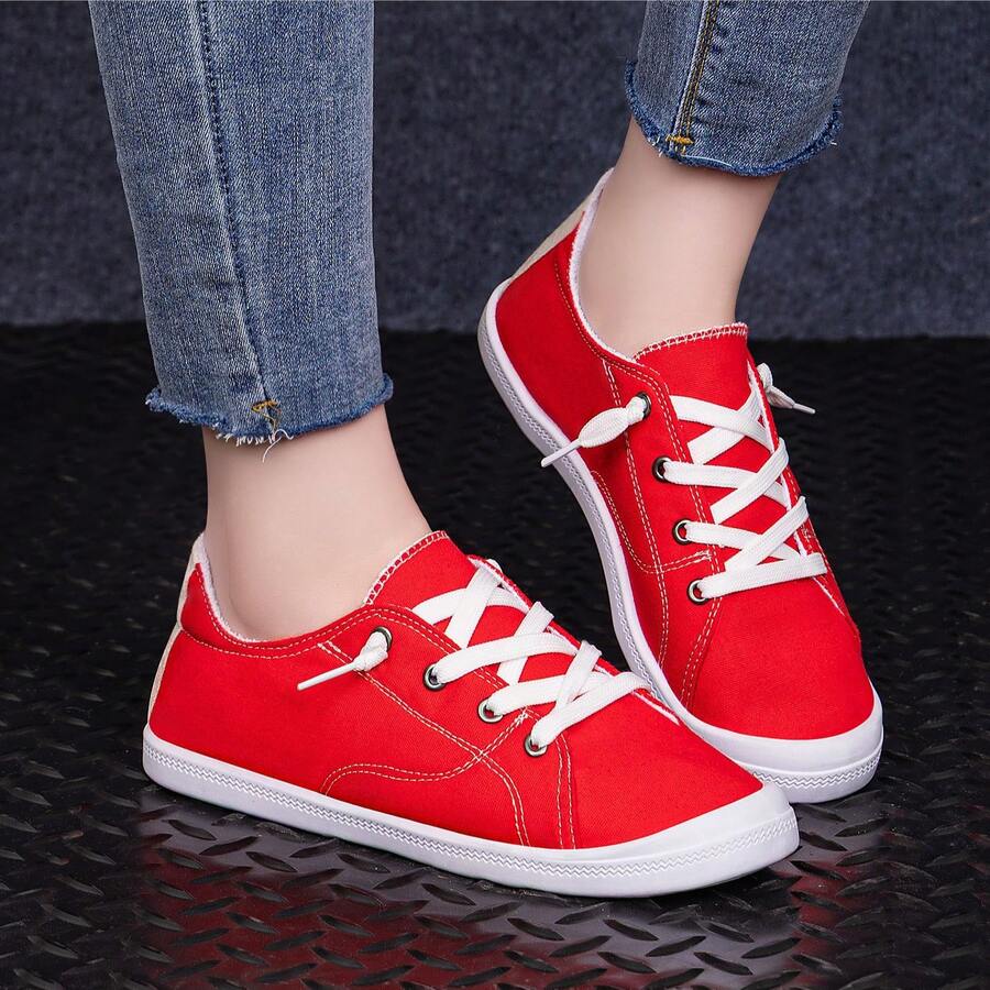 Giày thể thao nữ đế thấp bằng vải canvas, kiểu dáng casual, thoải mái, thích hợp đi bộ hàng ngày. - Đỏ - Xem 1