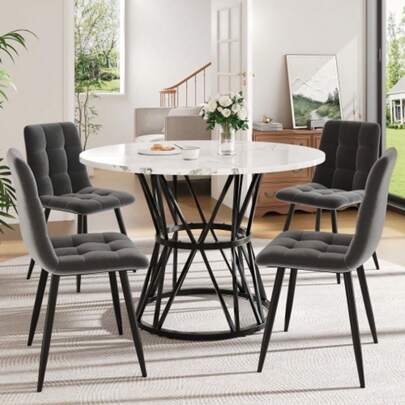 Dining Table Set (5 Pieces), Dining Table Set With 4 Chairs, Modern Kitchen Table Set, Round Dining Table Diameter 100 Cm, Black Metal Table Legs, MDF Marble Top, Grey Velvet Dining Chairs
