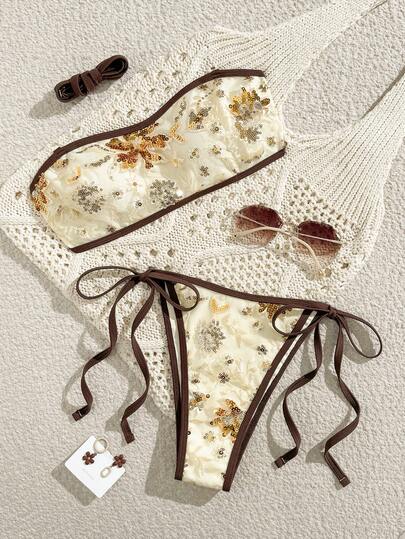 Bộ bikini hai mảnh ren hoa buộc dây cổ yếm hở lưng mới, thanh lịch và thoải mái, thích hợp cho bãi biển, tiệc tùng, kỳ nghỉ.