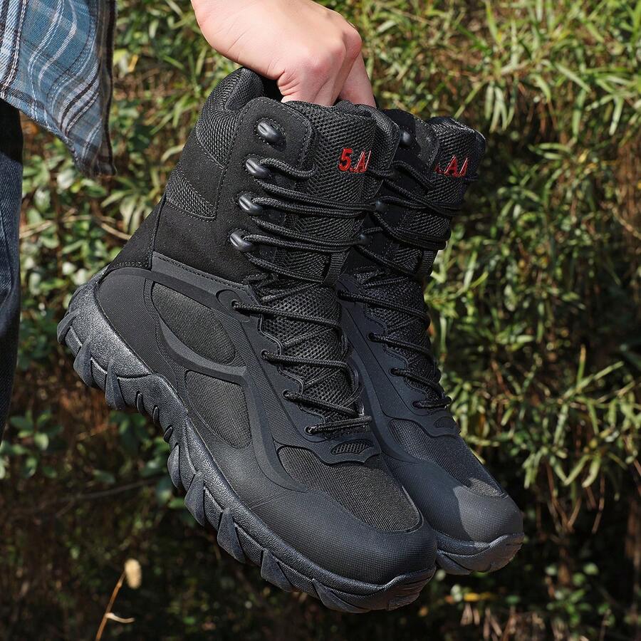 Men's Multi-Terrain Surface Hightop Wide Fit Outdoor Boots, Lightweight And Breathable Anti-Skid Mountaineering Shoes,Hiking Boot, Desert Boot,Work Footwear, Suitable For Jungle Exploration, Rock Climbing, Daily Travel, Camping, Tourism, Fishing Activitie - 黑色 - 查看 1