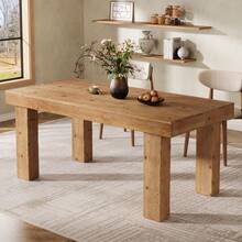 LITTLE TREE 63-Inch Solid Wood Dining Table For 4-6, Large Rectangular Kitchen Table With Heavy Duty Legs, Farmhouse Dinner Table For Dining Room, Living Room, 63" L X 31.5" W, Light Brown - 淺棕色 - 查看 3