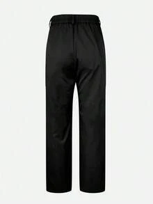 （不含腰带）女士纯色直筒裤，前部褶裥设计，纽扣和拉链闭合，搭配系腰带衬衫和高跟鞋，打造干练的办公室造型；搭配白色T恤和运动鞋，打造轻松休闲的现代春季风格。黑色 - 黑色 - 查看 5