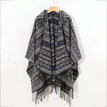 1件几何图案条纹流苏连帽斗篷披肩 - 彩色 - 查看 4