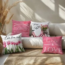 4 件套简约春日粉色郁金香自行车图案抱枕套，单面印花，柔软桃绒面料，尺寸 45*45/50*50/40*40 厘米，适用于室内装饰、派对、礼品 - 彩色 - 查看 10