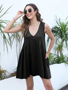 Women Sleeveless Mini Dress Summer Casual Loose V Neck Sundress With Pockets - 黑色 - 查看 3