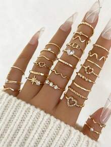 28pcs Heart Shaped Geometric Boho Style Rhinestone Accent Minimalist Wave Knuckle Rings, Suitable For Women's Daily Wear, Dates, Parties, Valentine's Day, Anniversary, Gifts For Girlfriends, Friends, Parties, Street Style (Includes Size Chart, Do Not Forcefully Bend, Purchase Carefully) - 金色 - 查看 1