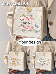 1pc Customizable Flower Decor Handbag, Beach Bag, Teacher Bag, Women's Bag, Bride Bag, Bridesmaid Bag, Customizable With Personalized Text And Letters, Suitable For Bridesmaid Gift, Wedding Gift, Teacher's Day Gift - Multicolor - View 1