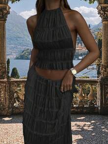 Bộ váy maxi xếp ly nhiều lớp bằng chiffon, viền ren, kiểu cổ yếm hở lưng, bộ 2 mảnh lãng mạn, thanh lịch dành cho nữ, thích hợp cho các bữa tiệc hóa trang, tiệc tùng, phong cách Gothic, đám cưới. #Bộ hai mảnh, dành cho nữ, mùa xuân hè 2026, mùa cưới, lễ hội âm nhạc, mùa tựu trường. Vui lòng mặc đồ lót màu da. - màu đen - Xem 10