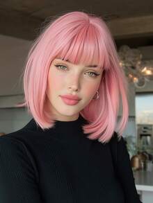 12-calowa krótka, falowana peruka syntetyczna dla kobiet, krótkie, proste włosy, odpowiednia na co dzień, święta, podróże, Halloween, Boże Narodzenie, Nowy Rok, karnawał, festiwal muzyczny, cosplay, idealna na prezenty dla dziewczyn, letnie prezenty na ukończenie szkoły, gotowe prezenty, prezenty na Halloween i Boże Narodzenie - Różowy - Zobacz 1