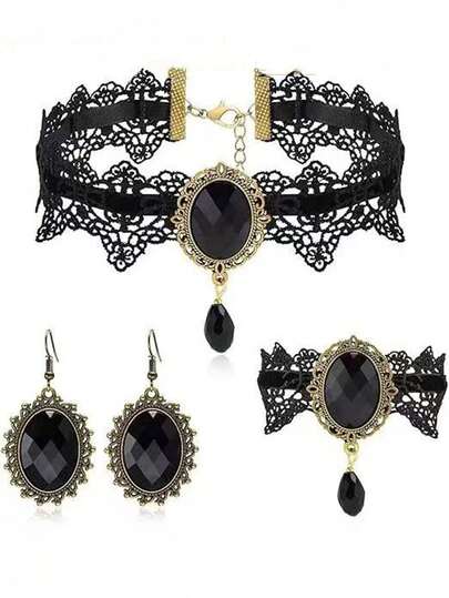 Lace Necklace Women Gothic Choker Lace Collarbone Chain Bracelet Earrings Set Shiny Vintage