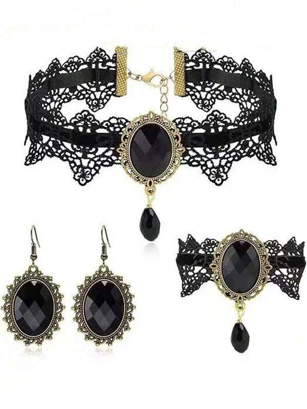 Conjunto de Collar de Encaje Gótico para Mujer, Gargantilla de Encaje, Cadena de Clavícula, Pulsera y Pendientes, Brillante Vintage, Halloween